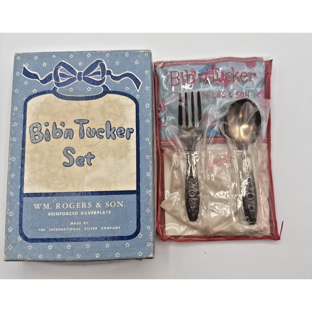 Vtg Rogers‎ & Son Bid'n Tucker Baby Silverware Set bib Fork Spoon Original Box